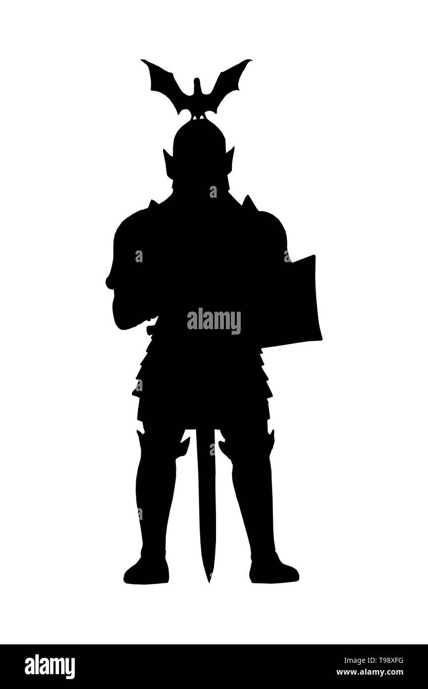 Fantasy medieval knight illustration. Knight with sword drawing. Digital drawing. Stock Photo