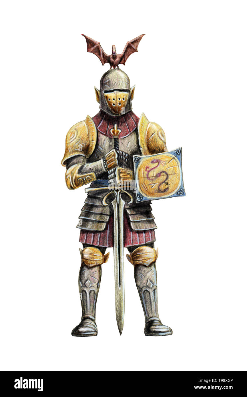 Fantasy medieval knight illustration. Knight with sword drawing. Stock Photo