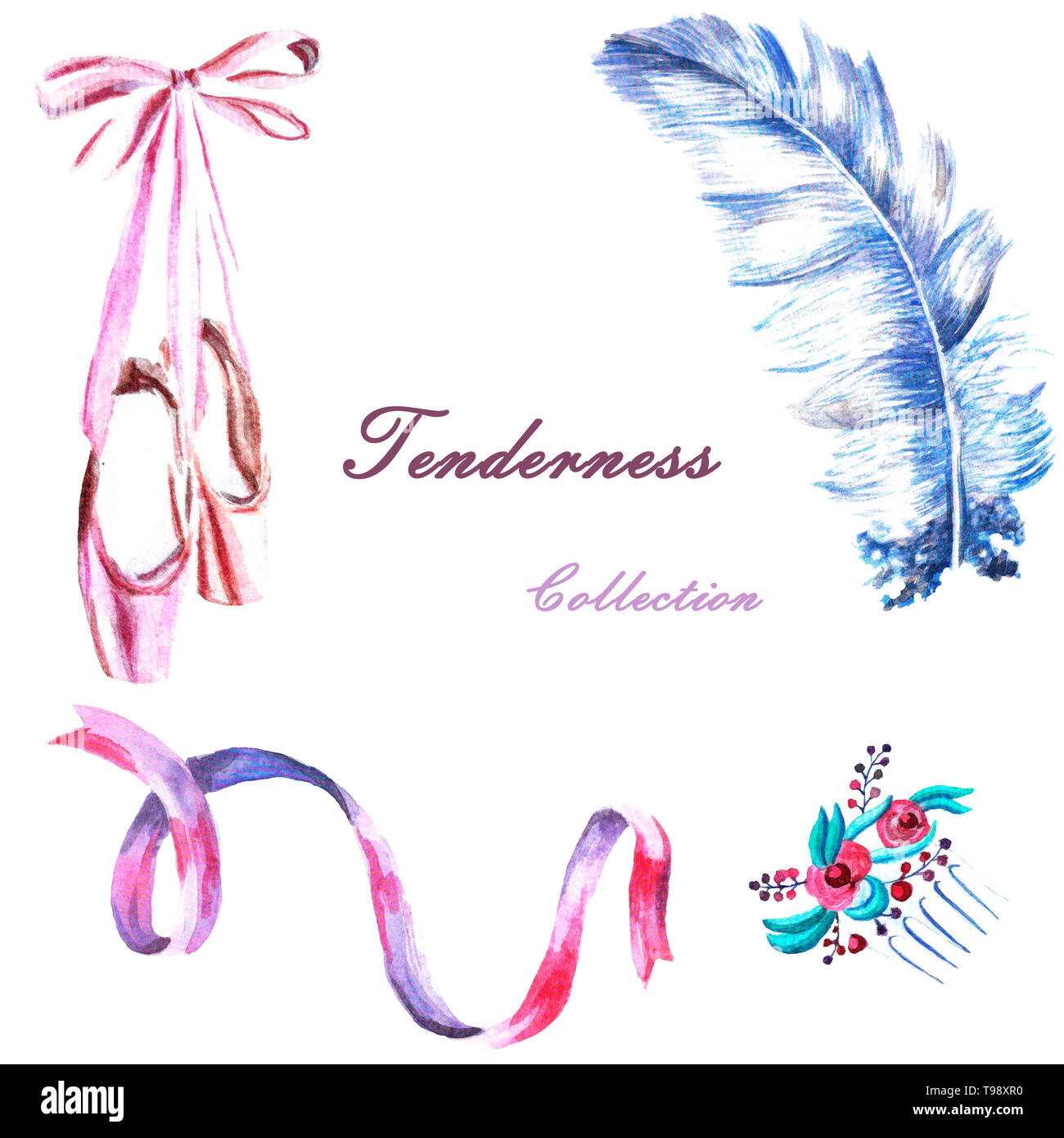 Set of hand painted watercolor ribbon, feather, pointes, hair-pin ...
