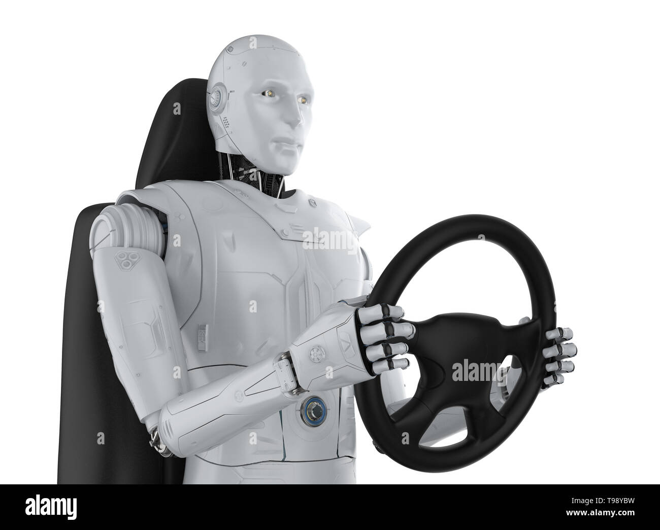 Autonomous car concept with 3d rendering robot hold steering wheel isolated on white Stock Photo