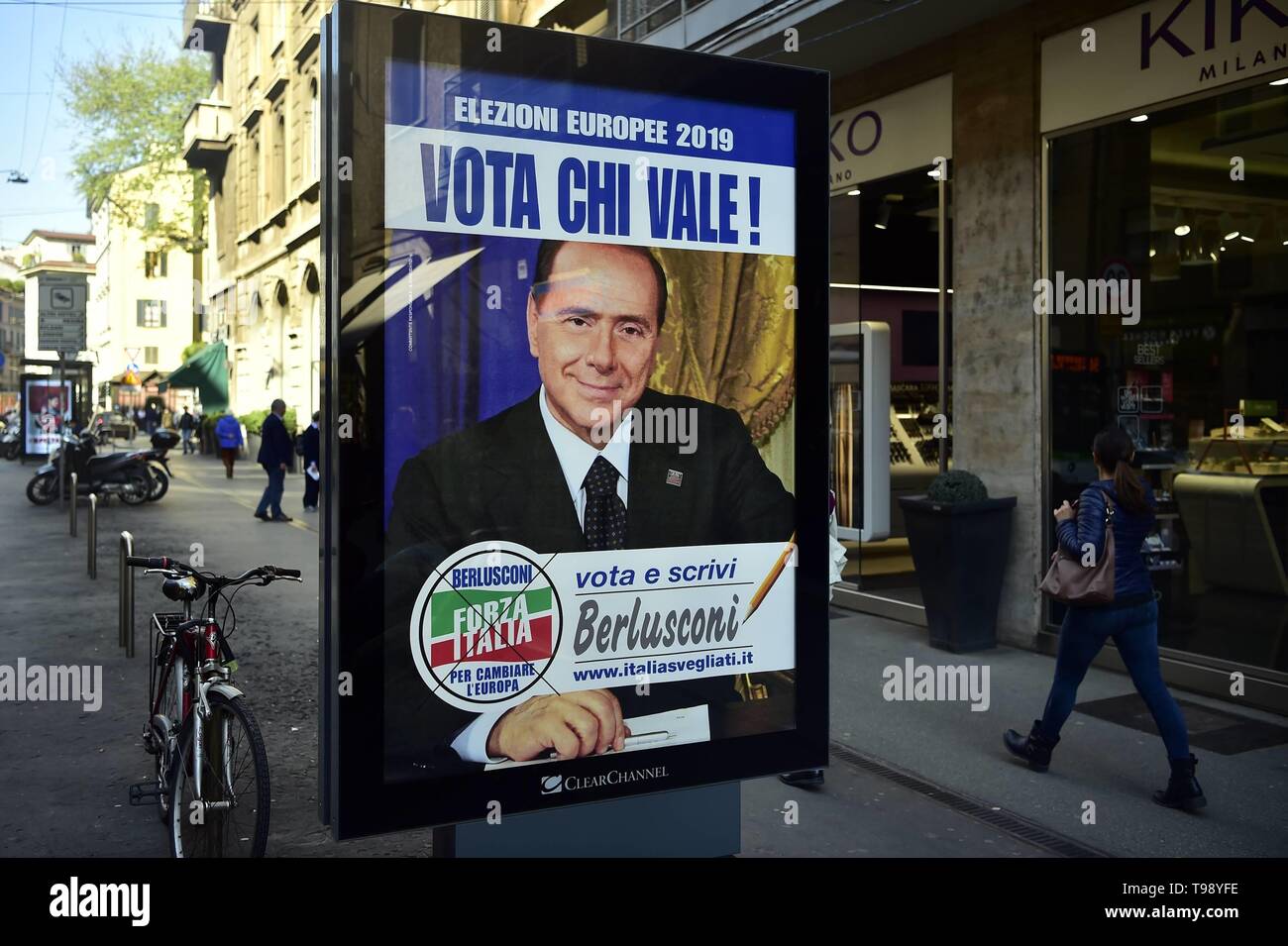 Silvio Berlusconi 's election poster for right-wing Forza Italia party ahead of the May 2019 European elections.  Featuring: Atmosphere Where: Milan, Italy When: 15 Apr 2019 Credit: IPA/WENN.com  **Only available for publication in UK, USA, Germany, Austria, Switzerland** Stock Photo