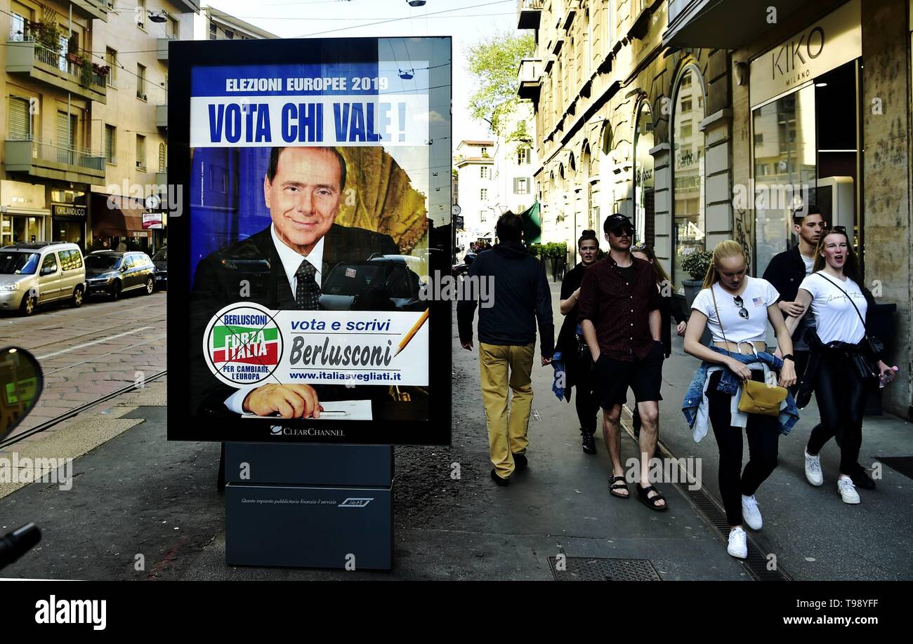 Silvio Berlusconi 's election poster for right-wing Forza Italia party ahead of the May 2019 European elections.  Featuring: Atmosphere Where: Milan, Italy When: 15 Apr 2019 Credit: IPA/WENN.com  **Only available for publication in UK, USA, Germany, Austria, Switzerland** Stock Photo