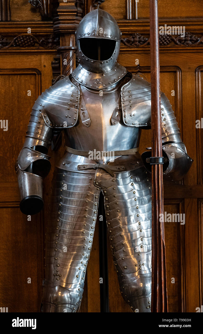 Suit of armour on display at  The Great Hall at Edinburgh Castle in Scotland, UK Stock Photo