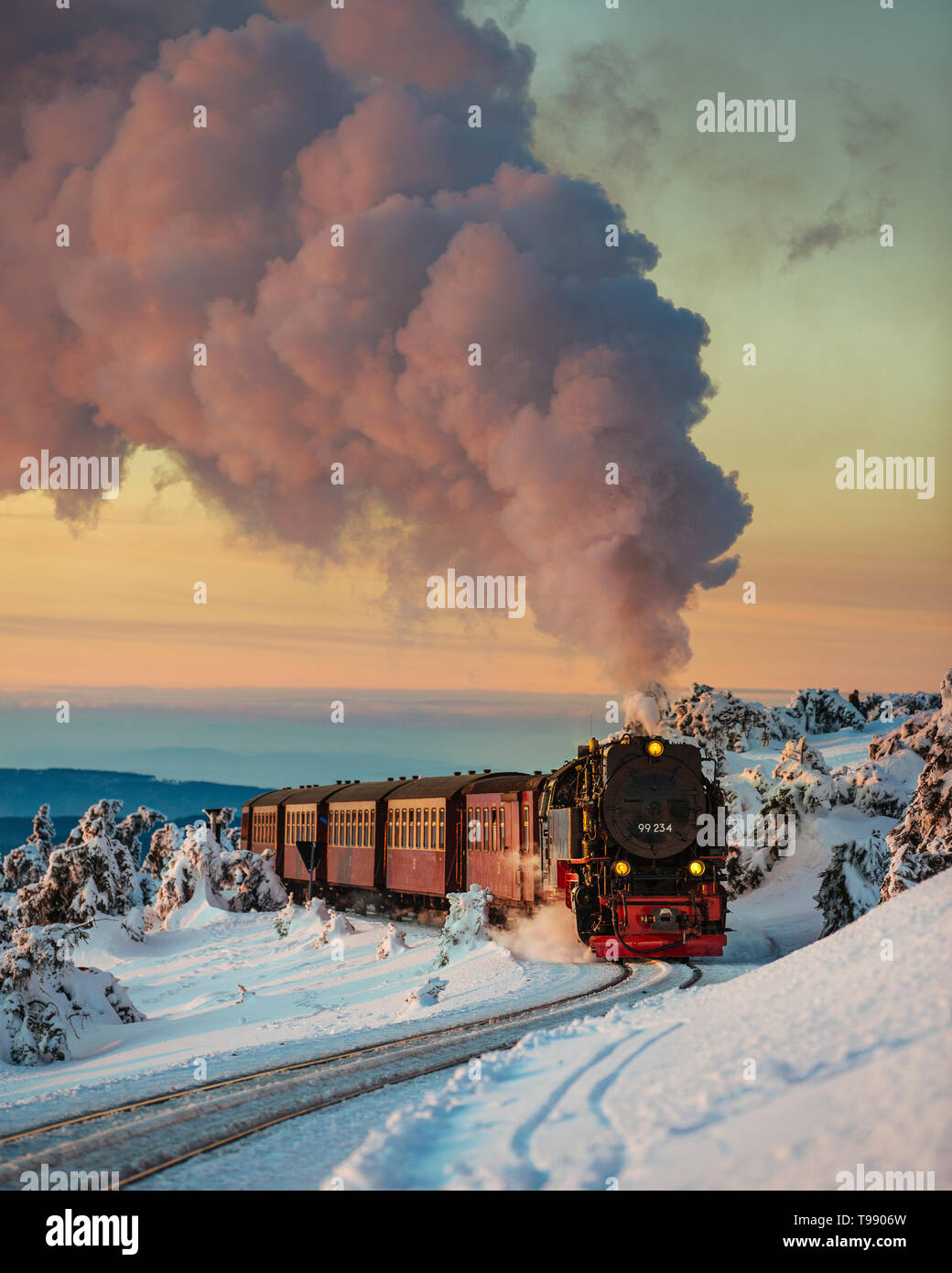 Brockenbahn in winter with snow, Harz, Germany Stock Photo