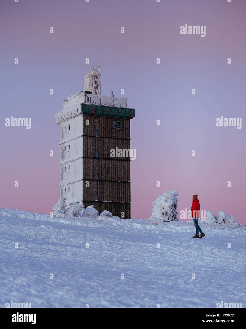 Brocken in winter with snow, Harz, Germany Stock Photo