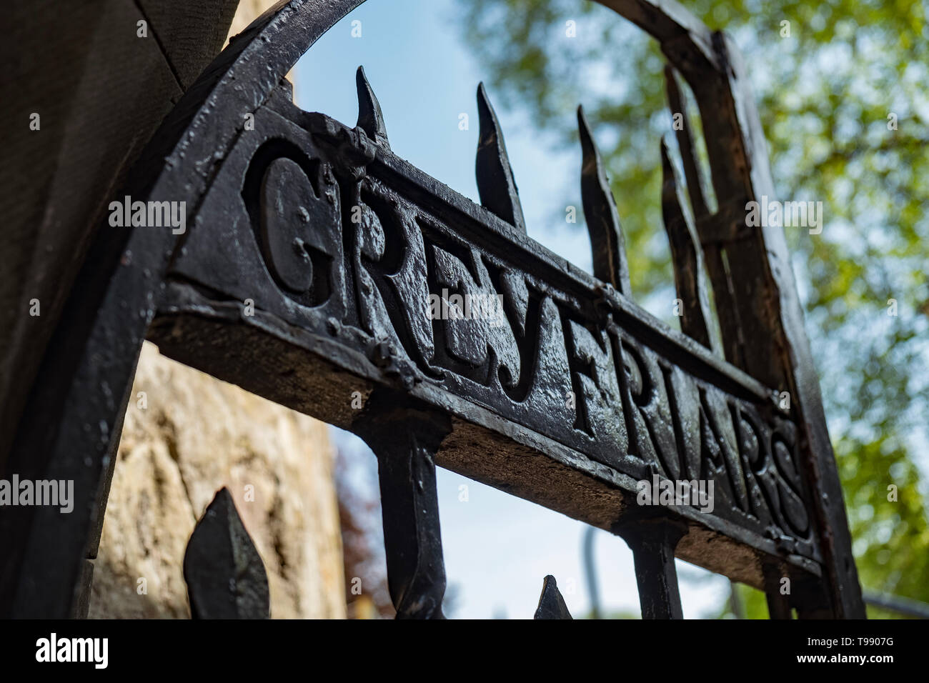 Ornate gates at entrance to Greyfriars Churchyard in Edinburgh Old Town, Scotland, UK Stock Photo