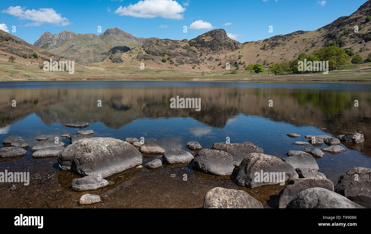Blean Tarn with reflections of the Langdale pikes in the water. Blea Tarn, one of the Lake District's small tarns,between the Little Langdale Valley a Stock Photo