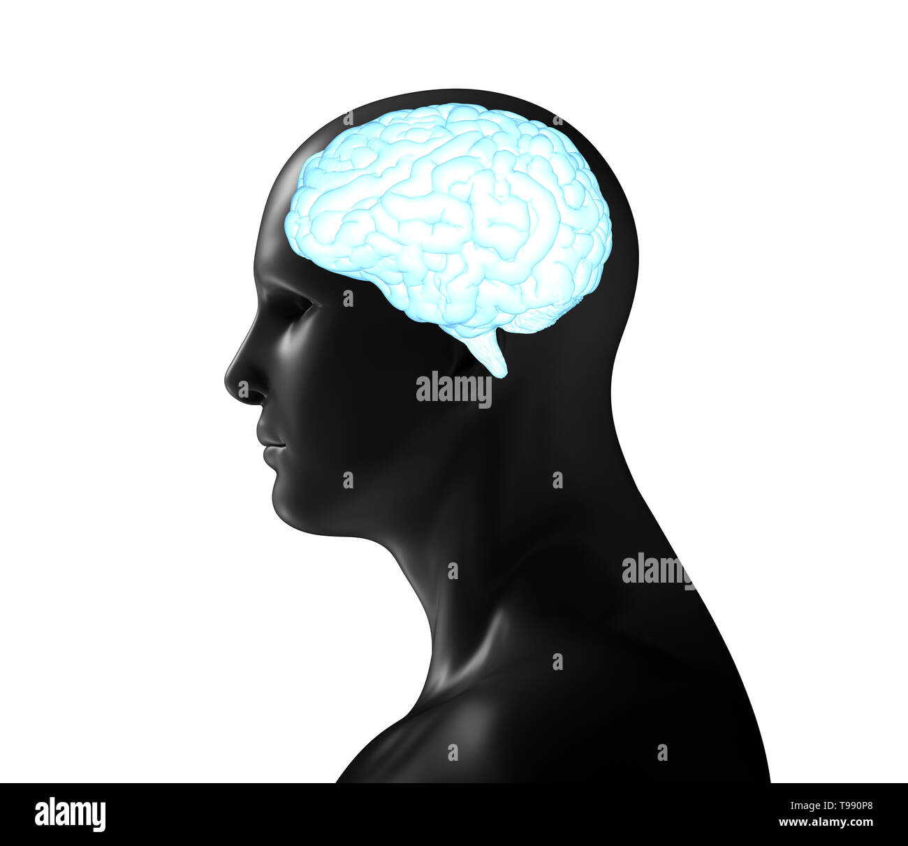 3d rendering human model with blue shiny brain isolated on white Stock ...