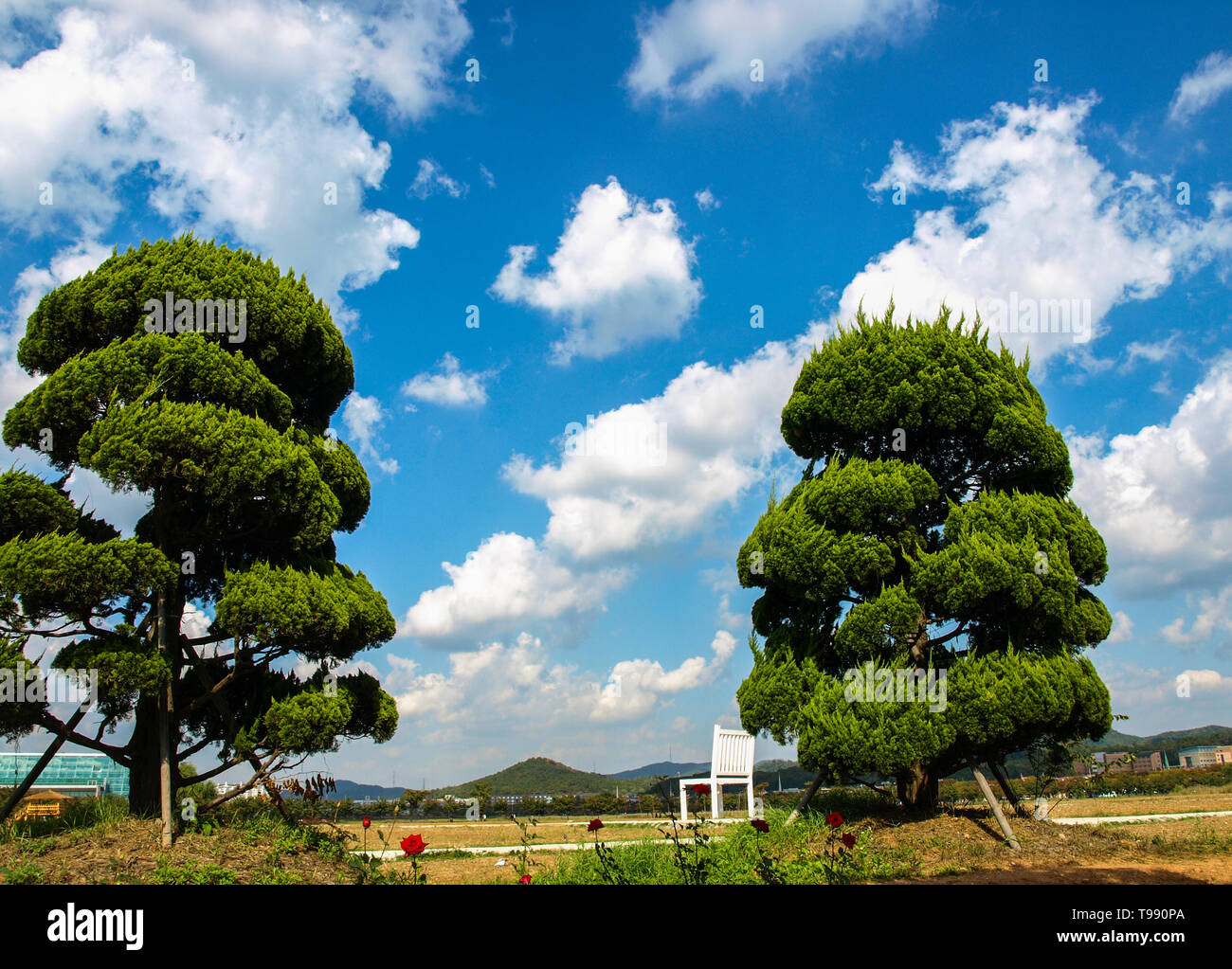 a landscape with blue sky and trees Stock Photo - Alamy