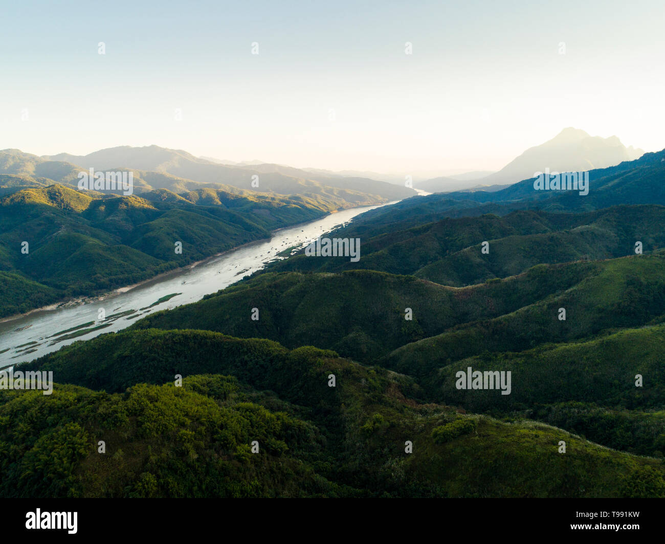 Mekong River and Mountains in Laos Stock Photo