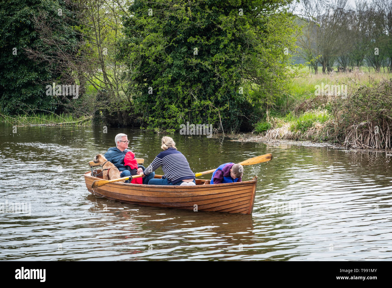 Enjoying the river Stour at Dedham in a hired rowing boat Stock Photo