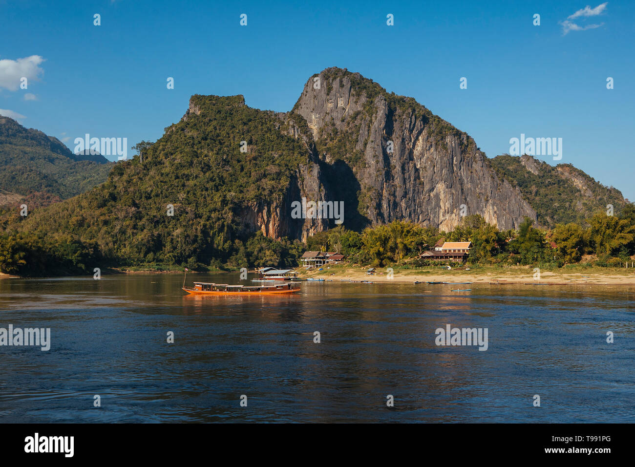 Mekong River and Mountains in Laos Stock Photo