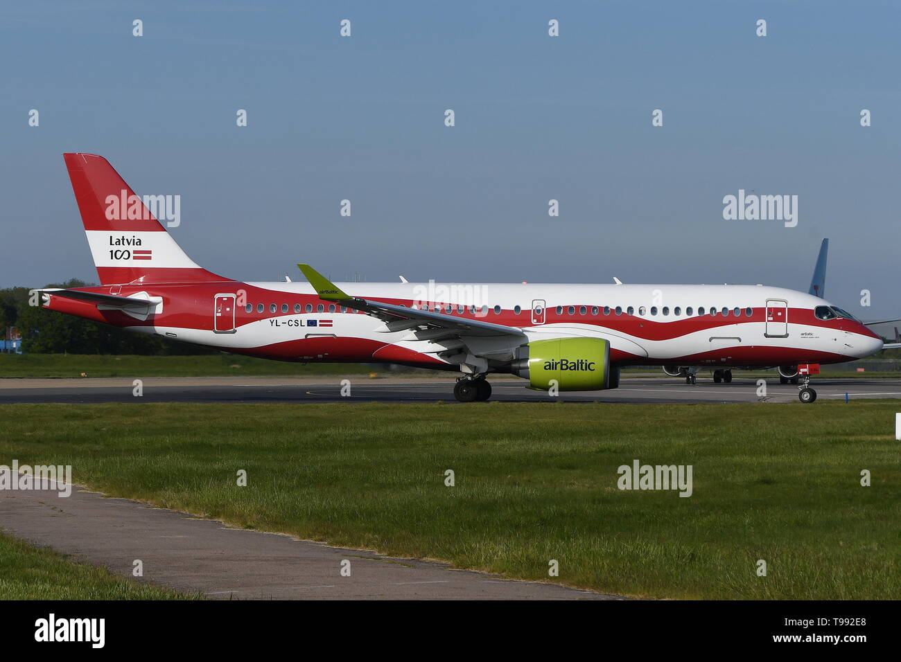 AIR BALTIC AIRBUS A220-300 (BOMBARDIER CS300) YL-CSL IN 'LATVIA 100' SPECIAL LIVERY. Stock Photo