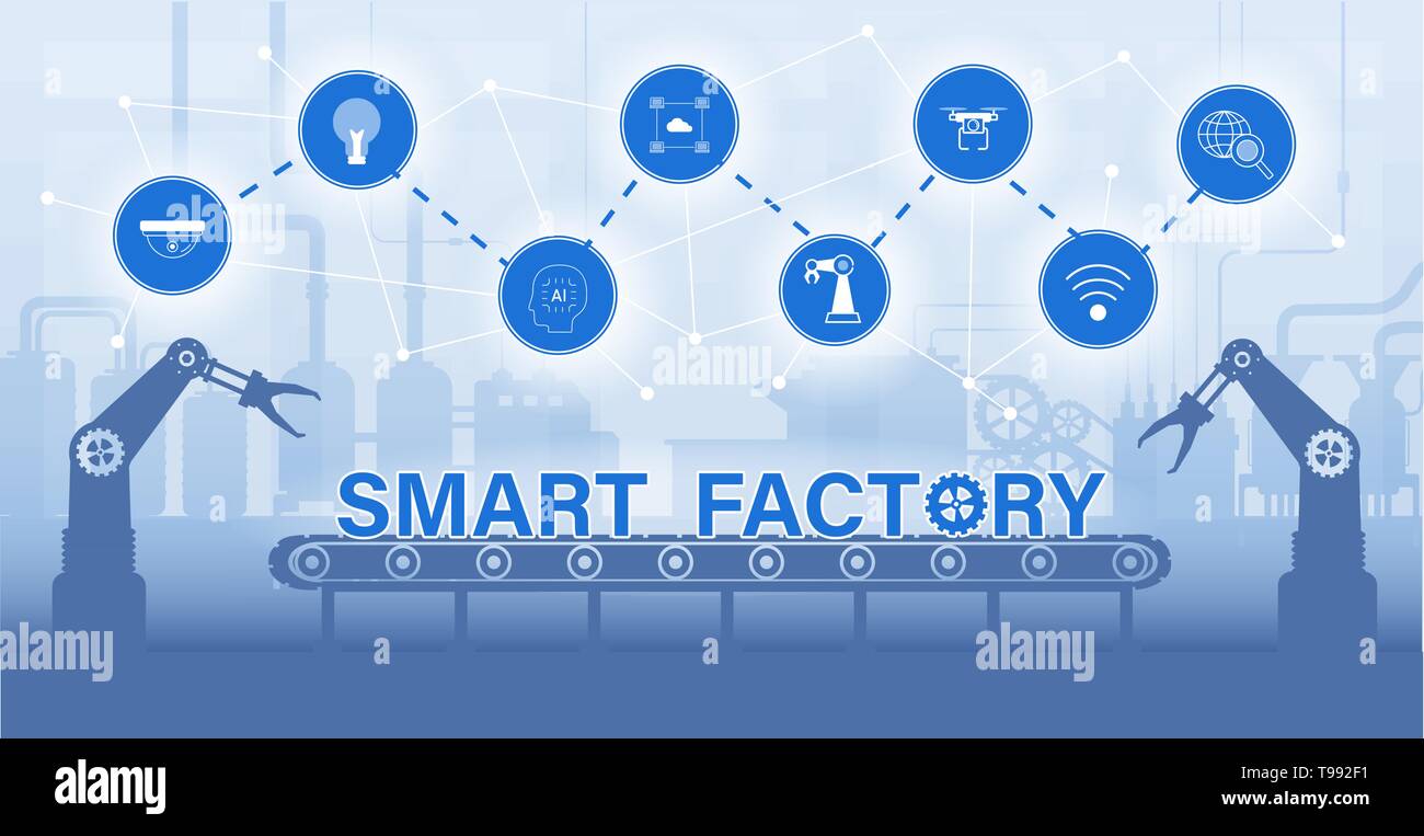 Smart factory concept with machine and icons flat design vector ...