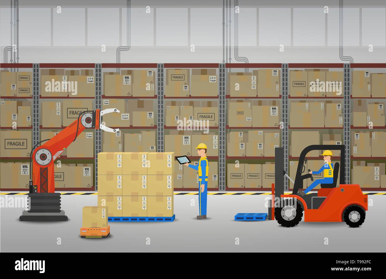 Warehouse in process with workers and robot arm working flat design vector illustration Stock Vector