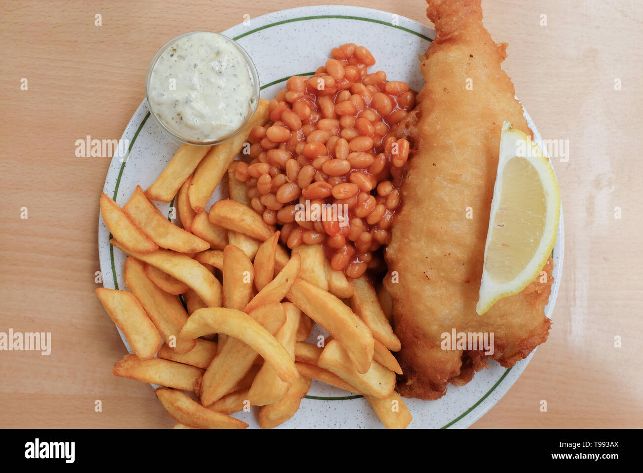Fish, chips, beans, and tartar sauce Stock Photo Alamy