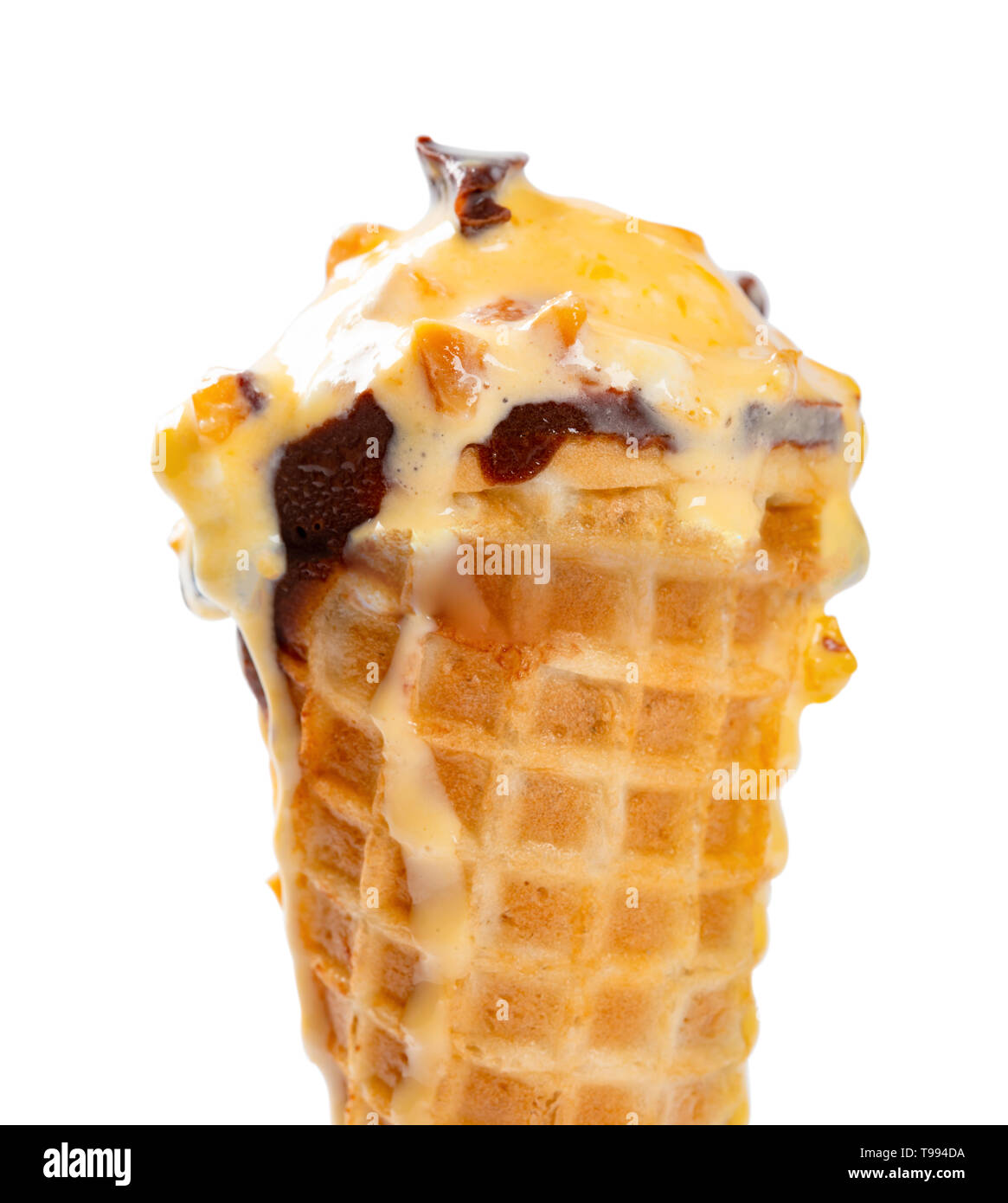 mango and chocolate flavor ice cream cone melting on white with