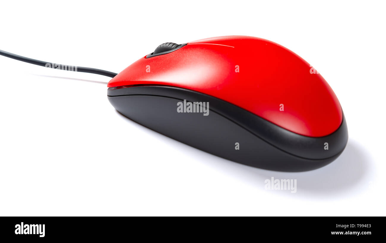 side view red mouse with cable on white background with clipping path Stock Photo