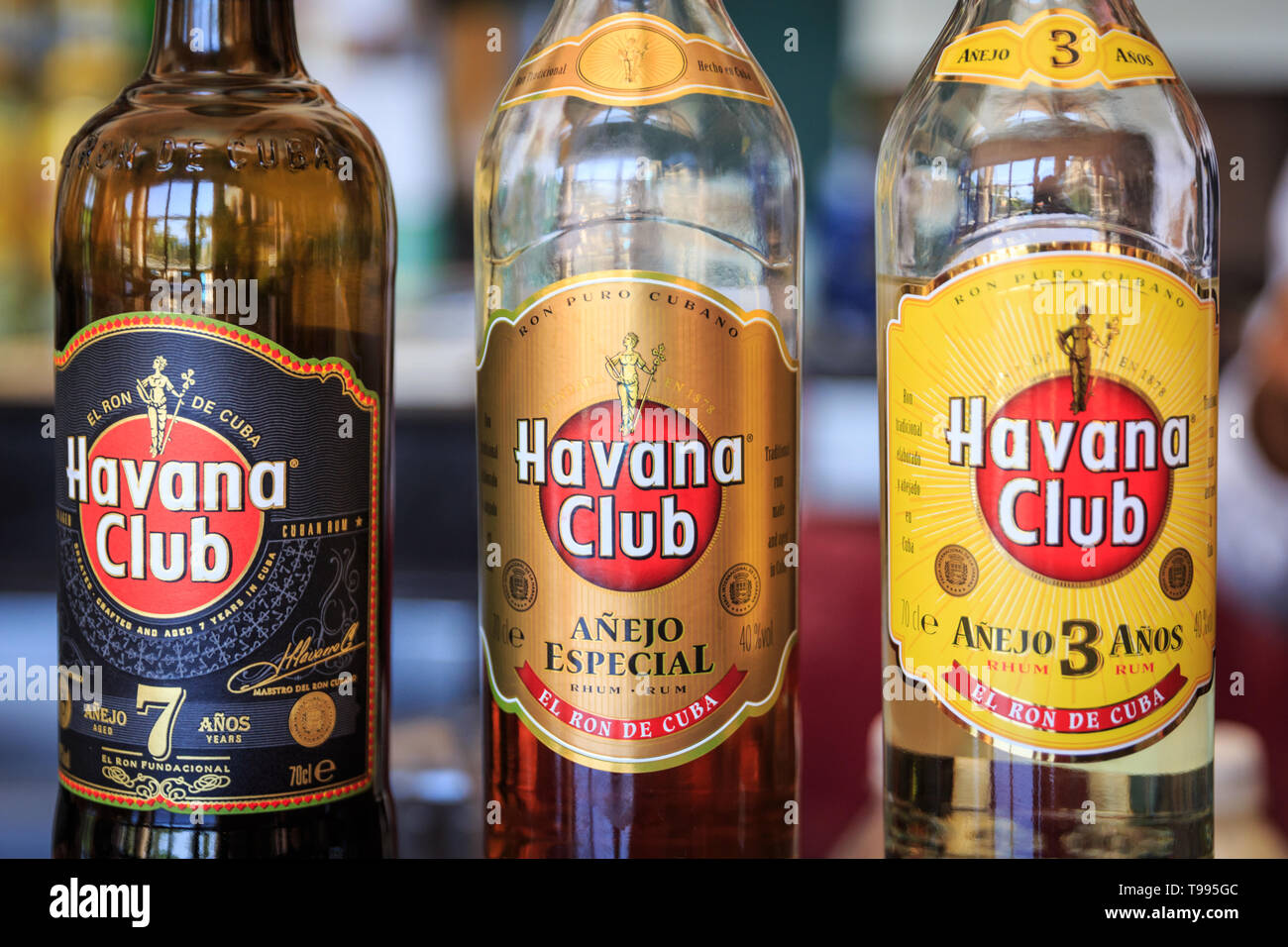 Havana Club Cuban rum bottles and labels, 3 years, 7 years and Especial,  Cuba Stock Photo - Alamy