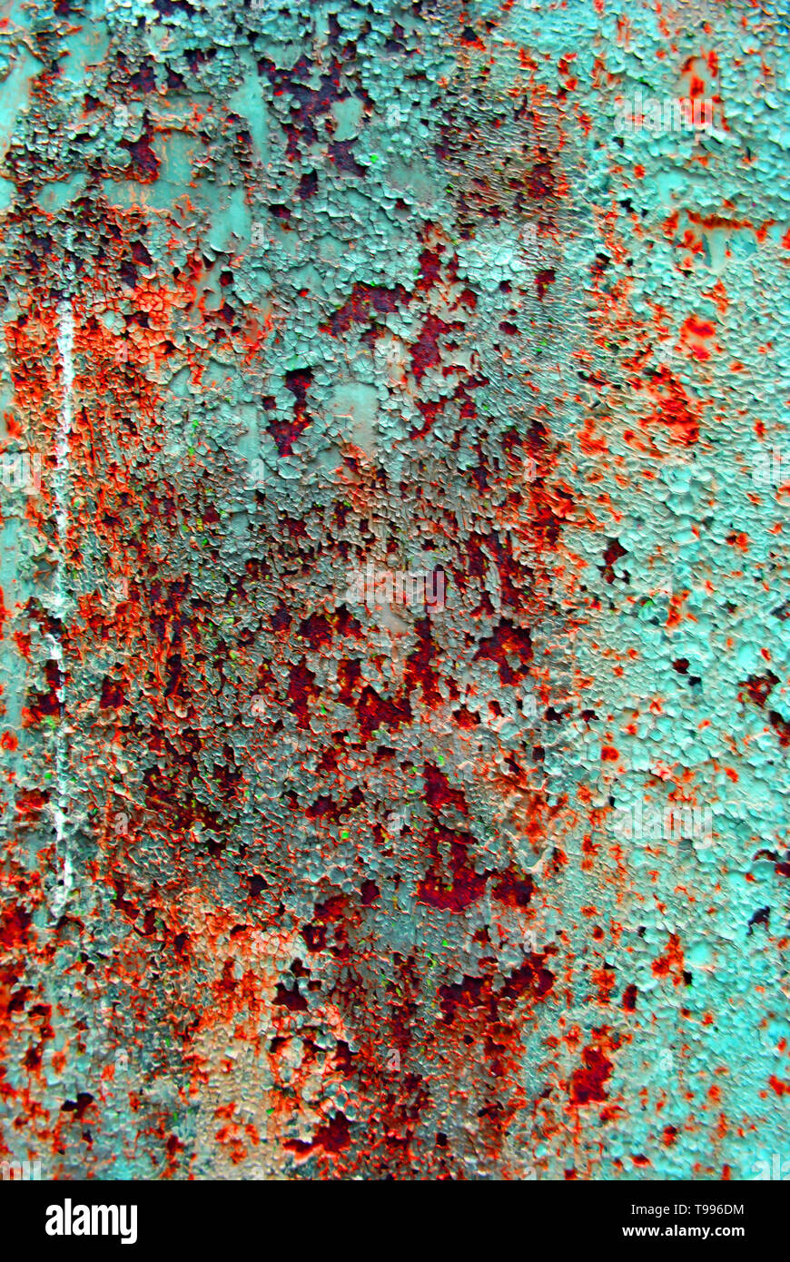 Old turquoise color painted rusty metal surface, background texture Stock Photo