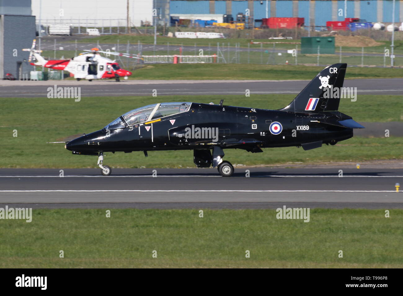 XX189, a BAe Hawk T1 operated by 100 Squadron, Royal Air Force, arriving back at Prestwick Airport after a sortie during Exercise Joint Warrior 19-1. Stock Photo