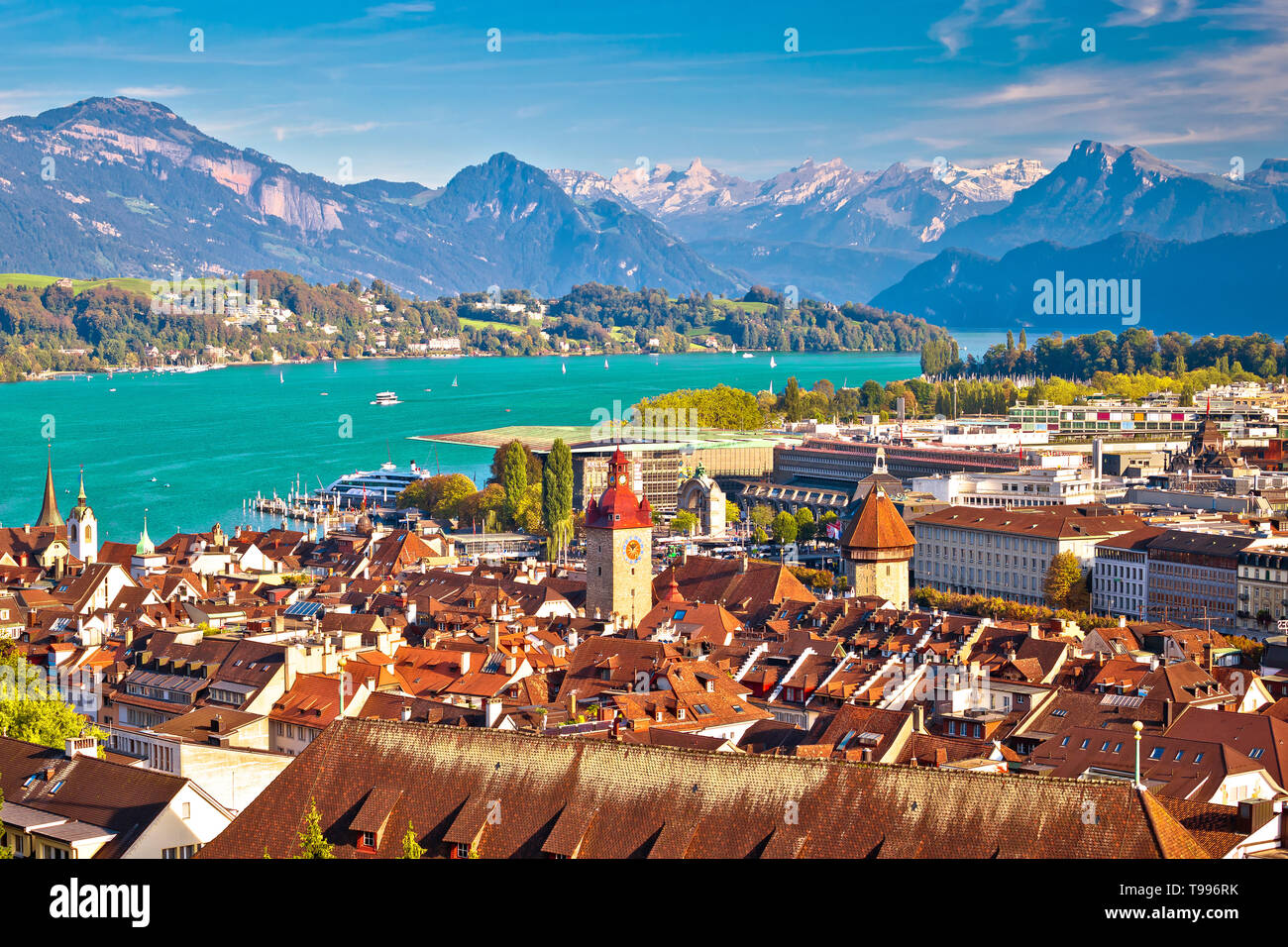 Lake Luzern and Lucerne cityscape with Alps background, central Switzerland Stock Photo