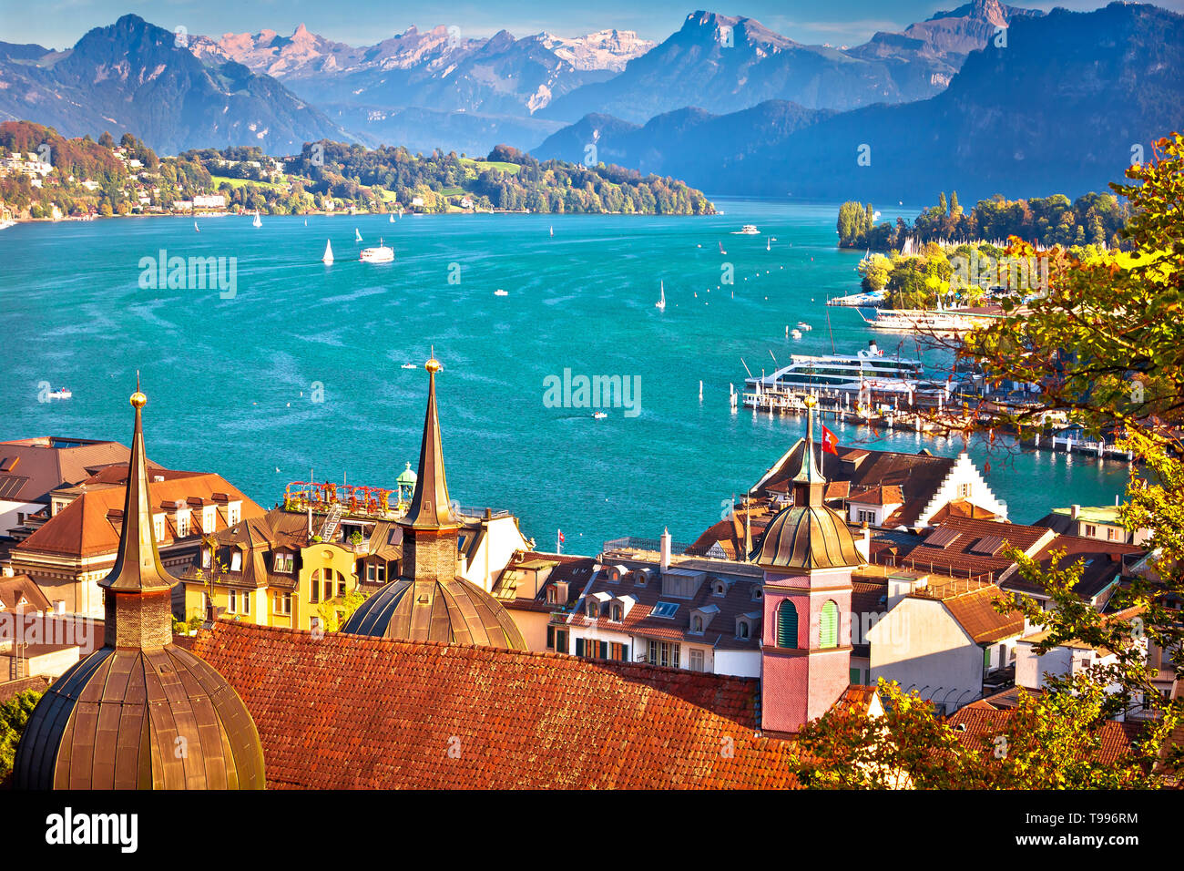 Lake Luzern and Lucerne cityscape with Alps background, central