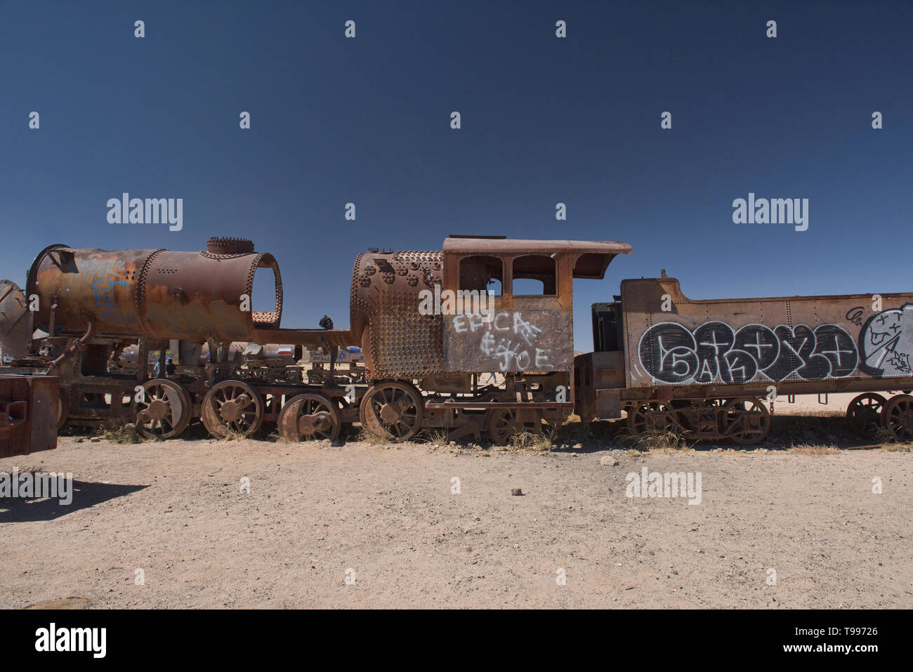 Train cemetery of abandoned locomotives, Uyuni, Bolivia Stock Photo