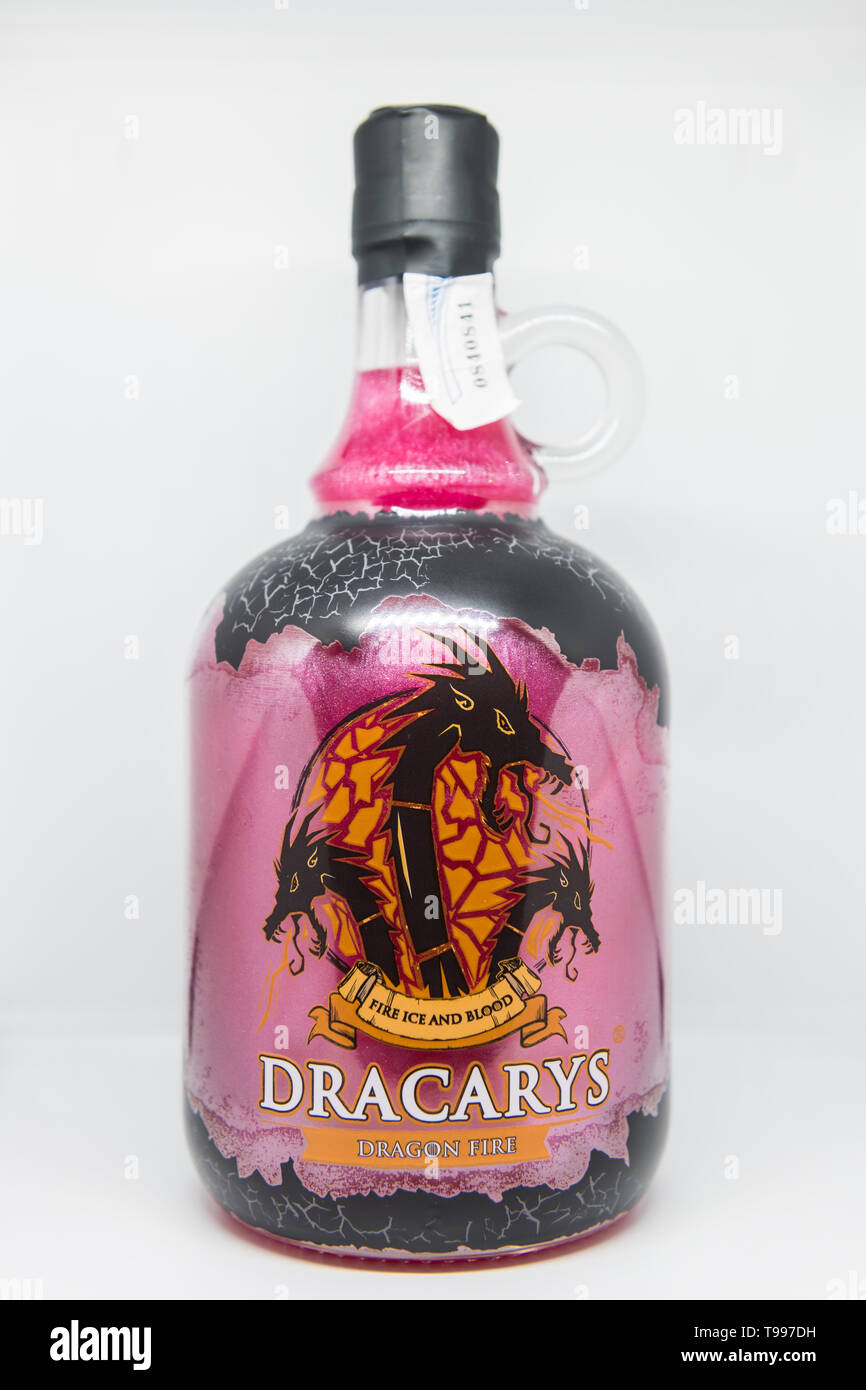Bottle of bright pink alcoholic beverage called Dracarys inspired by the TV  series Game of Thrones Stock Photo - Alamy