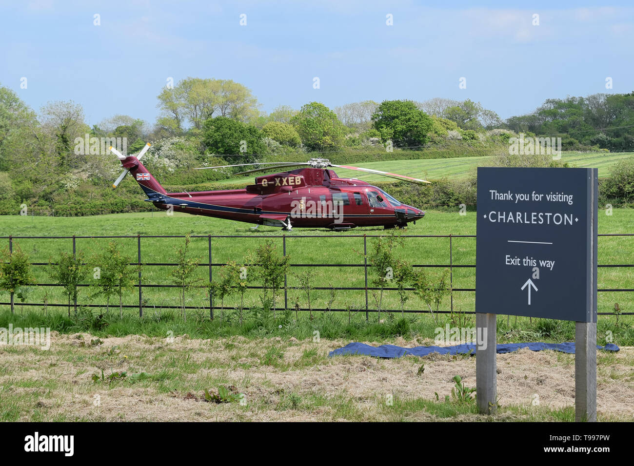 Queen's Helicopter Flight G-XXEB at Charleston England , visit of Duchess of Cornwall Patron of Charleston. Home of Bloomsbury Group from 1916 Stock Photo
