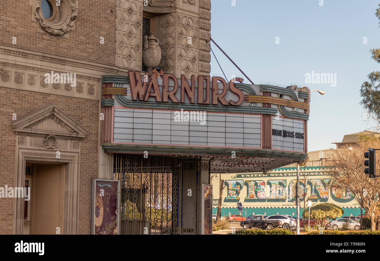 Warnors Theatre and the Fresno Postage Stamp Mural, in the Mural District, Downtown Fresno, California, USA. Stock Photo