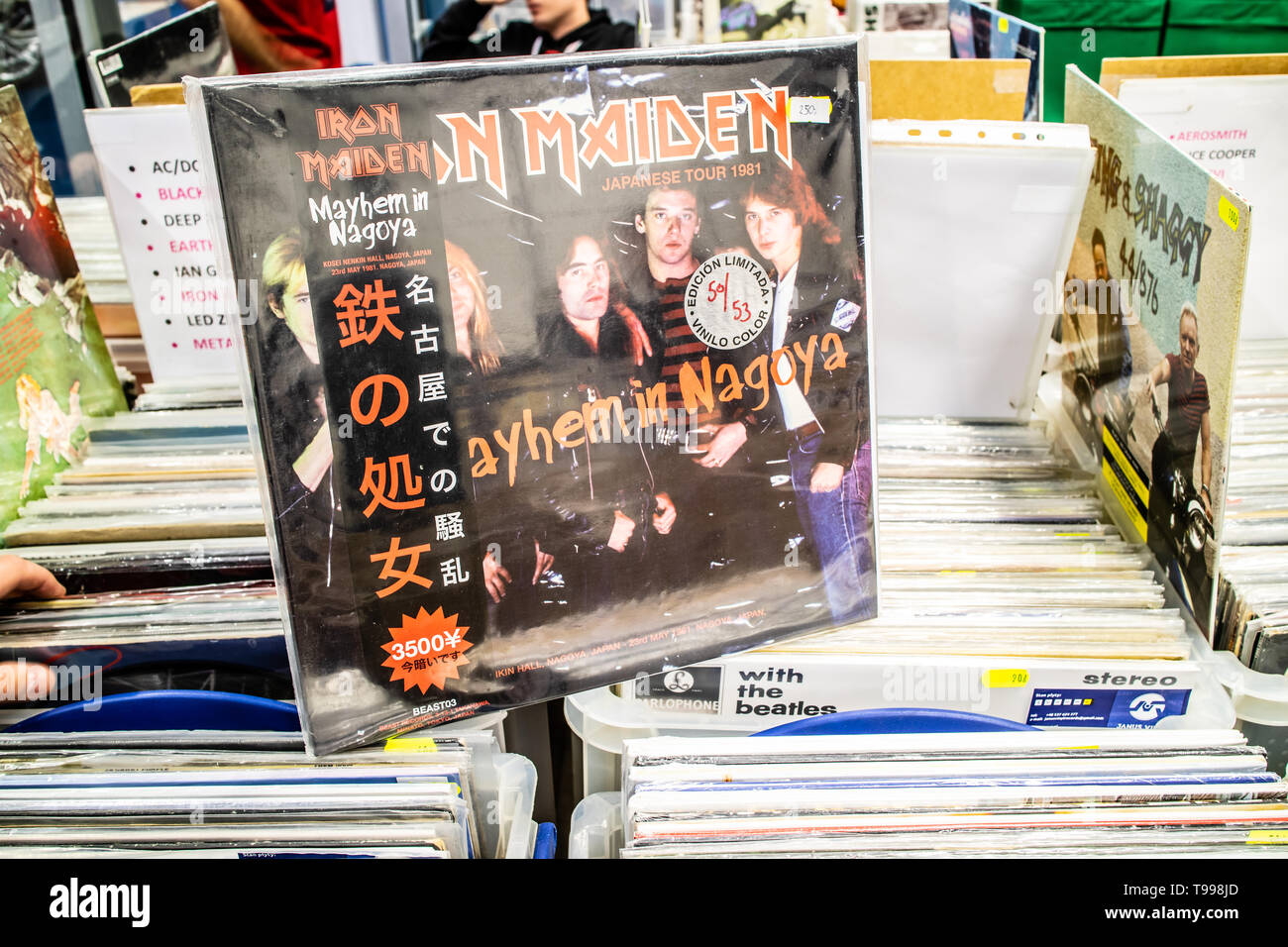 Nadarzyn, Poland, May 11, 2019 Iron Maiden vinyl album on display for sale, Vinyl, LP, Album, Rock, English heavy metal band, collection of Vinyls Stock Photo