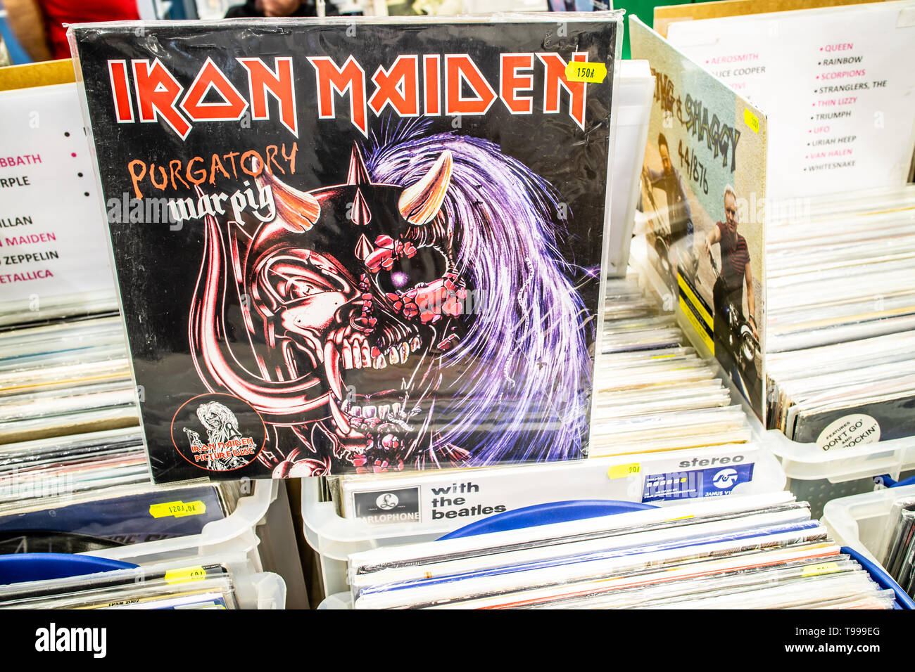 Nadarzyn, Poland, May 11, 2019 Iron Maiden vinyl album on display for sale, Vinyl, LP, Album, Rock, English heavy metal band, collection of Vinyls Stock Photo