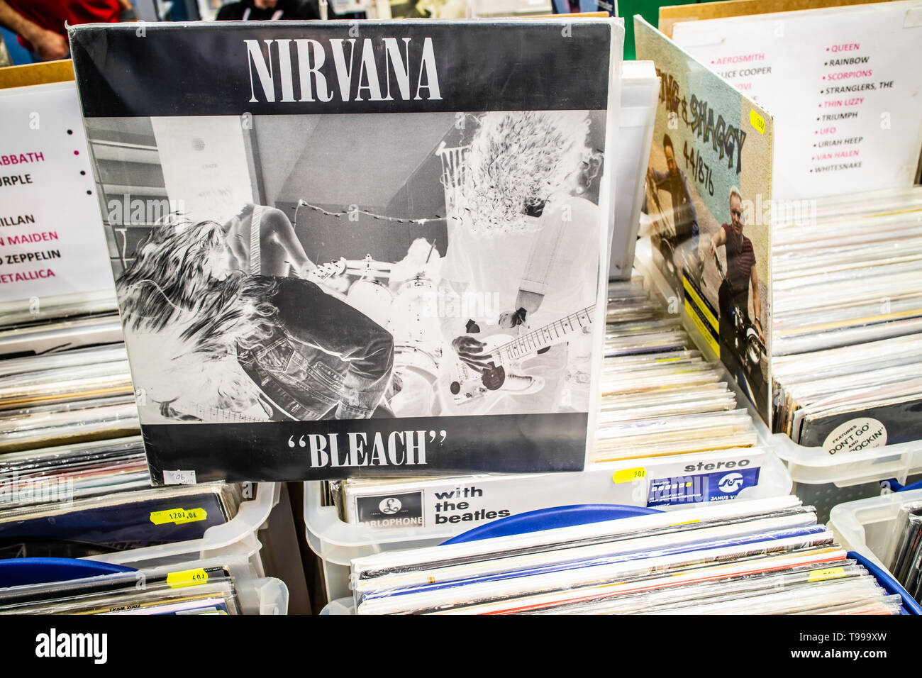 Nadarzyn, Poland, May 11, 2019: Nirvana vinyl album on display for sale,  Vinyl, LP, Album, Pop Rock, American rock band, collection of Vinyl in back  Stock Photo - Alamy