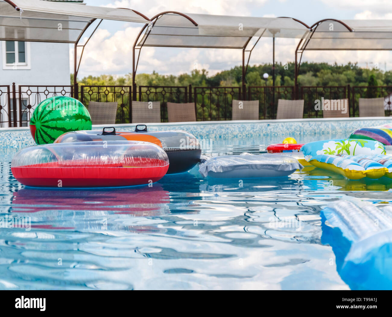 Inflatable water activities, balls, mattresses, circles, tubes float on ...