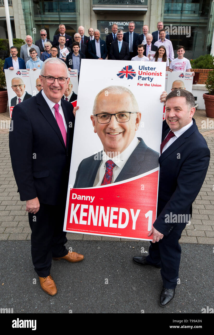 Danny Kennedy (left) with his election poster and UUP party leader Robin Swann, after launching the Ulster Unionist Party manifesto for the 2019 European election at the Stormont Hotel in Belfast. Stock Photo