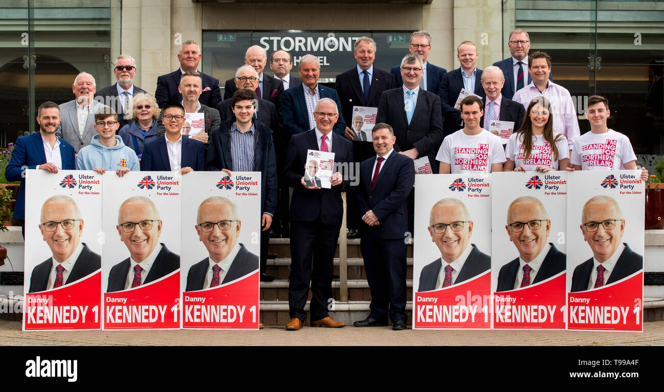 Danny Kennedy (centre left) with UUP party leader Robin Swann and party colleagues, after launching the Ulster Unionist Party manifesto for the 2019 European election at the Stormont Hotel in Belfast. Stock Photo