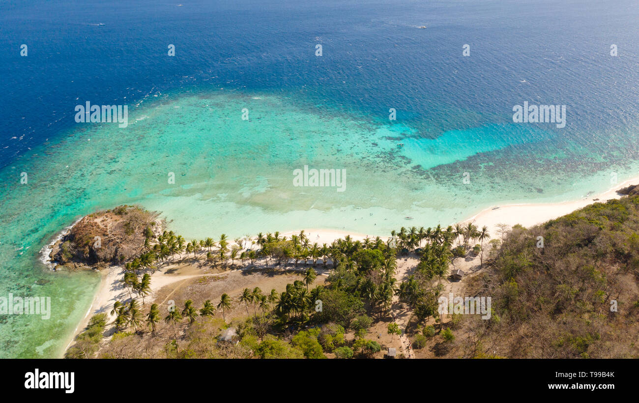 aerial view tropical island with sand white beach, palm trees ...