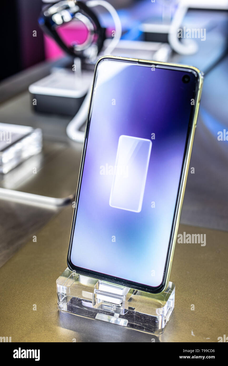Nadarzyn, Poland, May 10, 2019: Samsung Galaxy S10e smartphone, presentation of S10e at Samsung exhibition showroom, stand at Warsaw Electronics Show Stock Photo