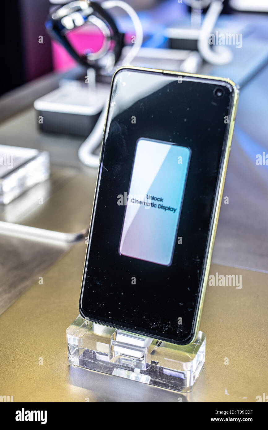 Nadarzyn, Poland, May 10, 2019: Samsung Galaxy S10e smartphone, presentation of S10e at Samsung exhibition showroom, stand at Warsaw Electronics Show Stock Photo