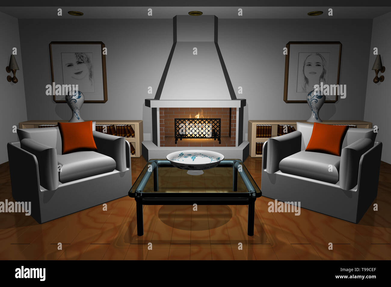 3d Illustration House Inside The Living Room With Fireplace