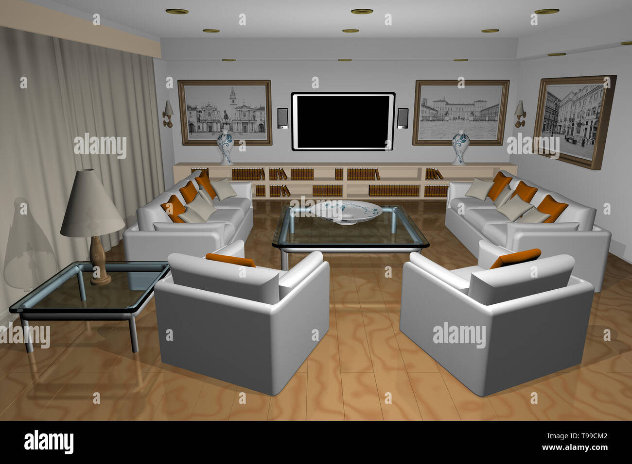 3d Illustration House Inside The Living Room With Tv Armchairs