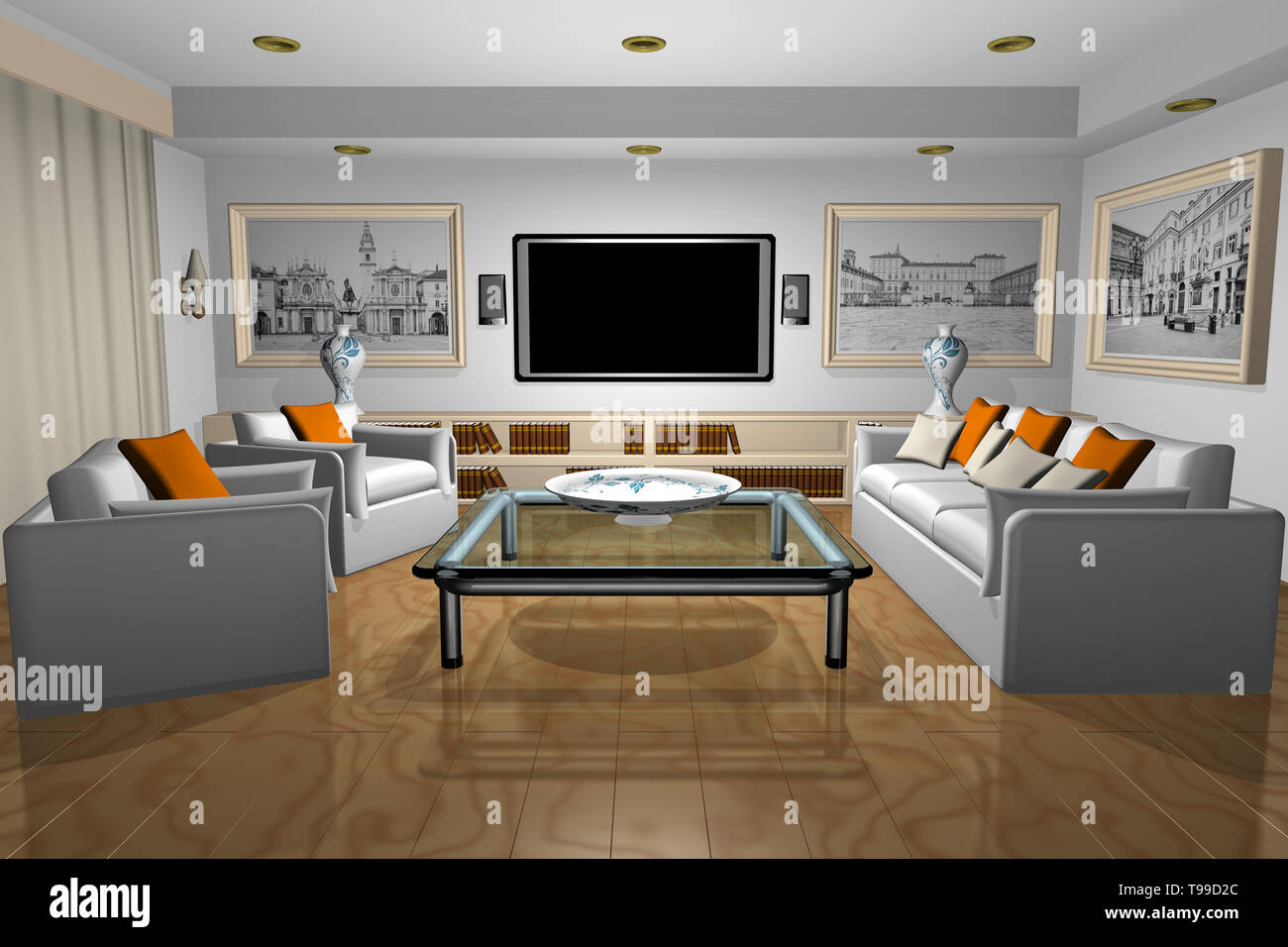 3d Illustration House Inside The Living Room With Tv Armchairs