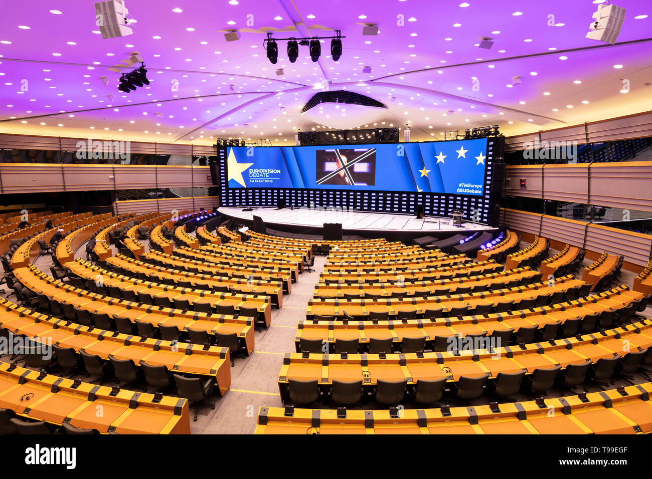 The hemicycle interior or eu parliament chamber, plenary chamber, gallery of the European Parliament building Brussels Belgium Eu Europe Stock Photo