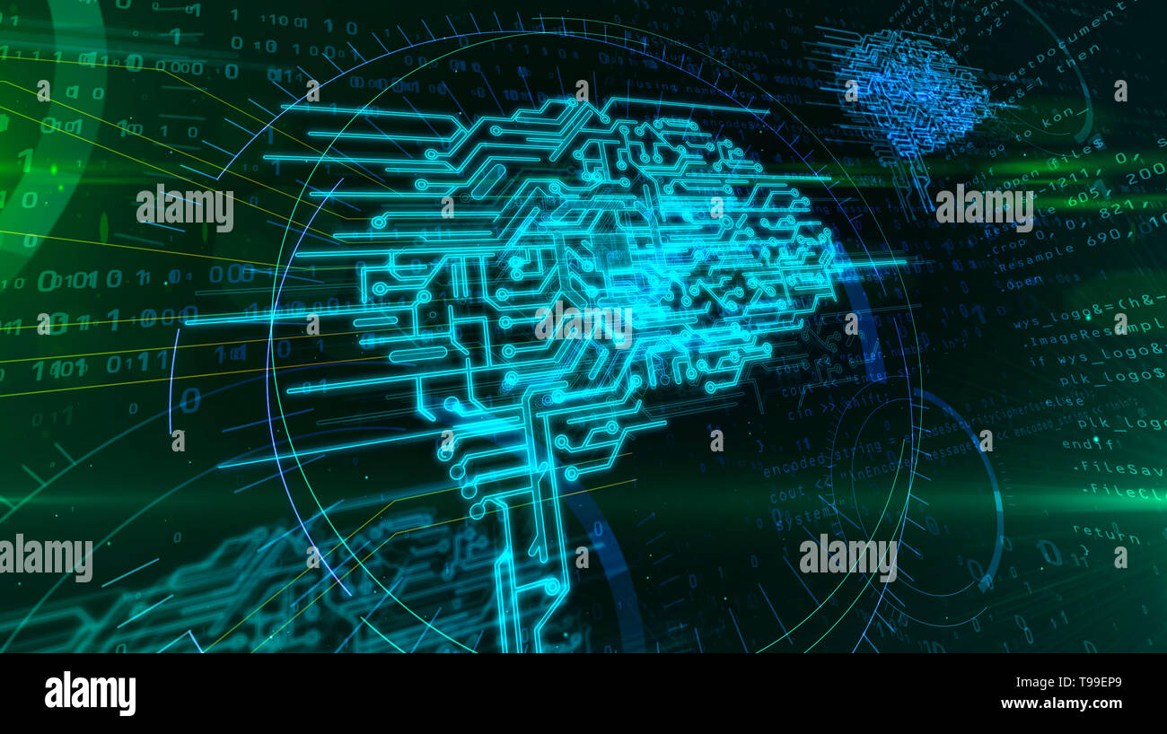 Cybernetic brain, deep machine learning and artificial intelligence  abstract concept 3d illustration. Cyber mind hologram on digital background  Stock Photo - Alamy