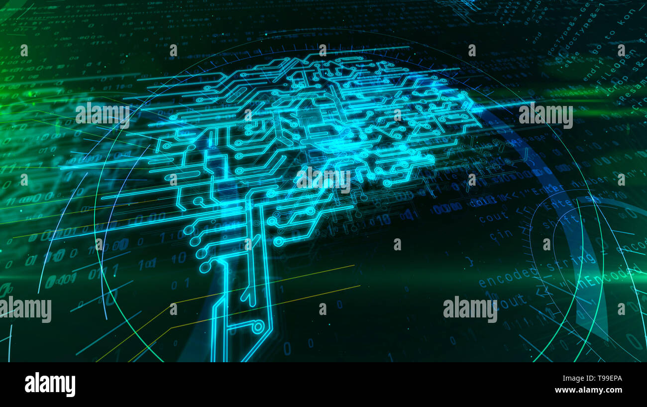 Cybernetic brain, deep machine learning and artificial intelligence abstract concept 3d illustration. Cyber mind hologram on digital background. Stock Photo
