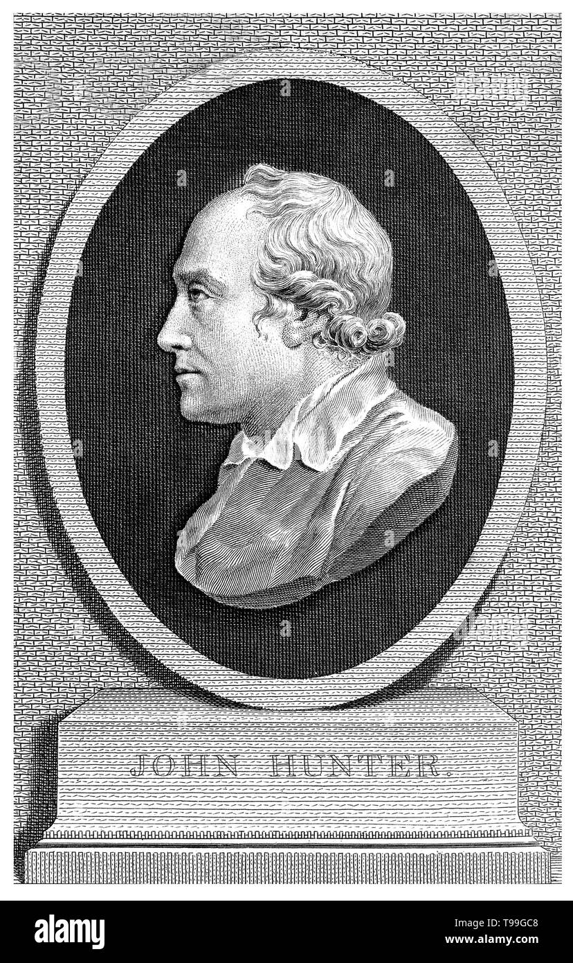 John Hunter (February 13, 1728 - October 16, 1793) was a Scottish surgeon. He was an early advocate of careful observation, scientific method in medicine, and an excellent anatomist.  He built up a collection of living animals whose skeletons and other organs he prepared as anatomical specimens. His died in 1793 at the age of 65. Stock Photo