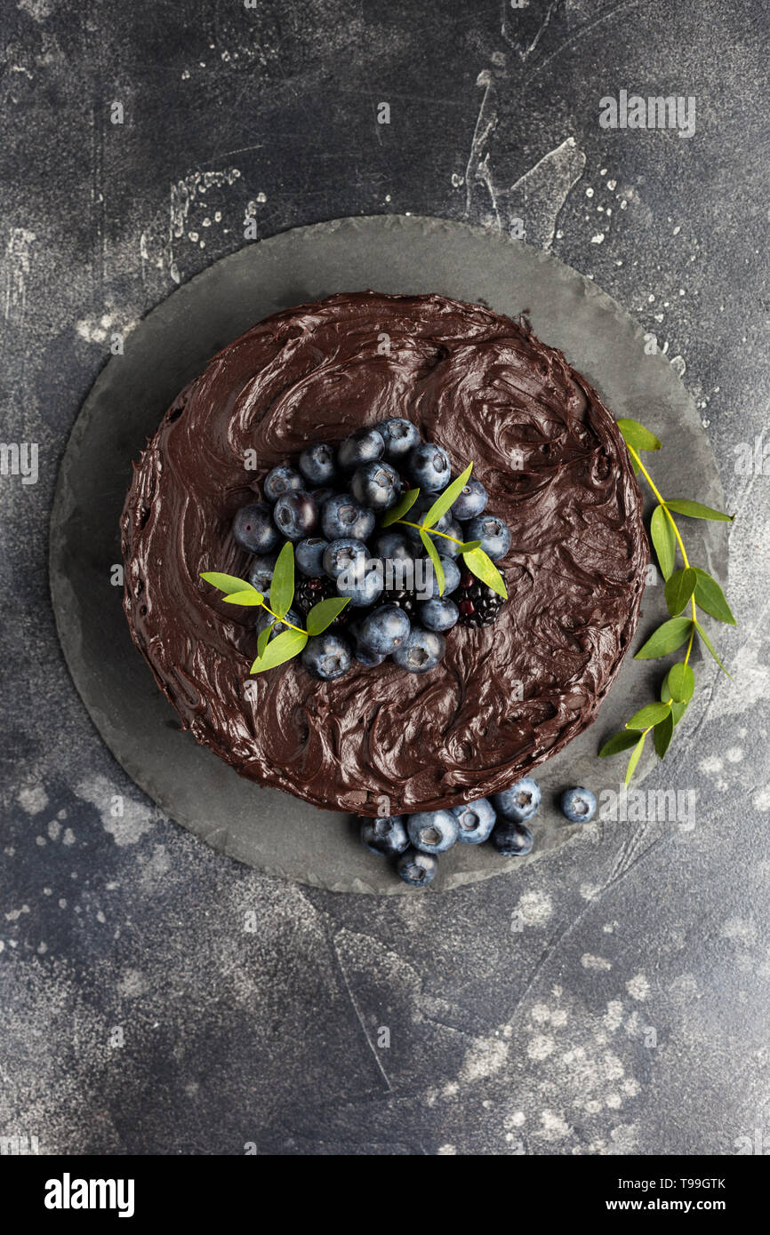 Table top chocolate cake with blueberries and green leafs on dark gray ...