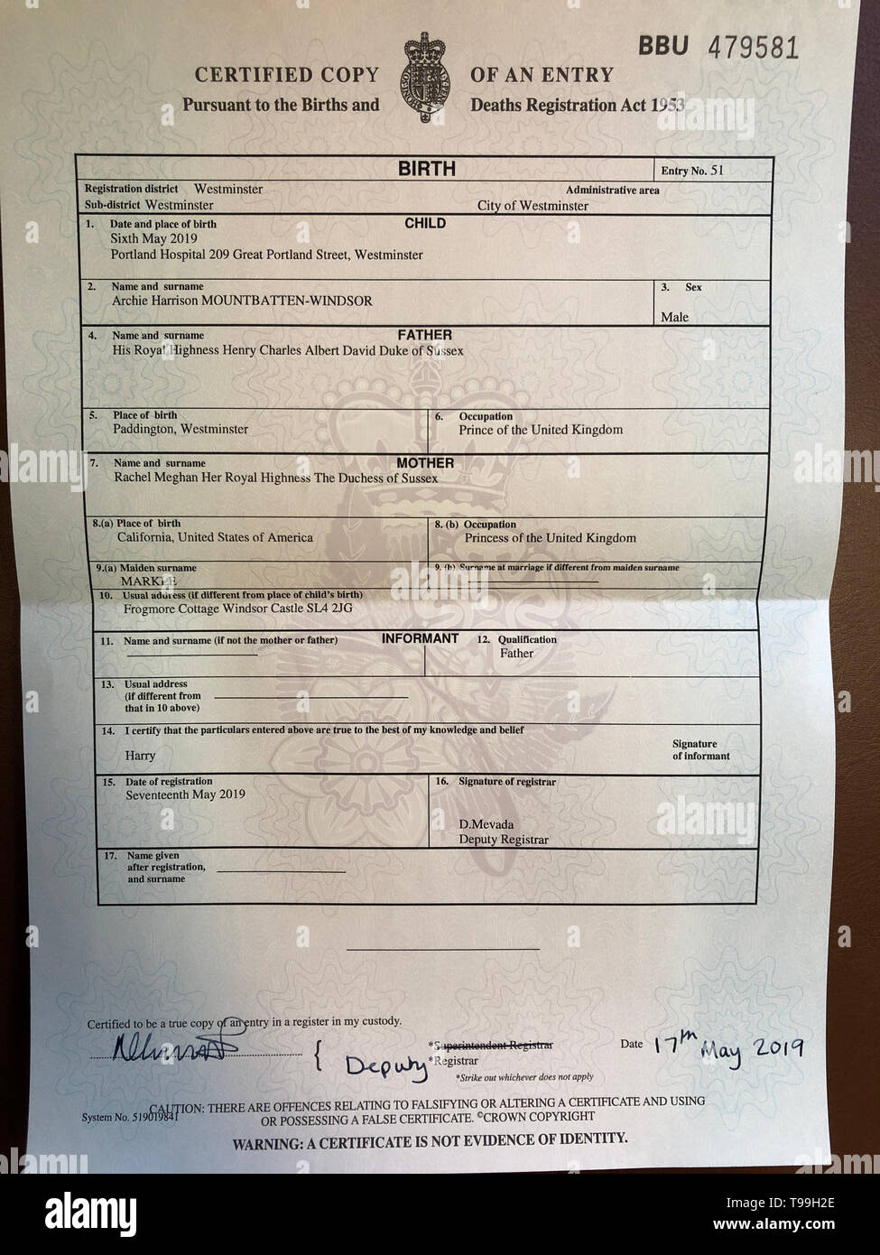 The birth certificate of Archie Harrison Mountbatten Windsor son of