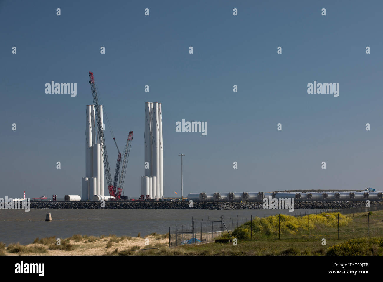 Offshore wind turbine construction base at Great Yarmouth outer harbour. Stock Photo